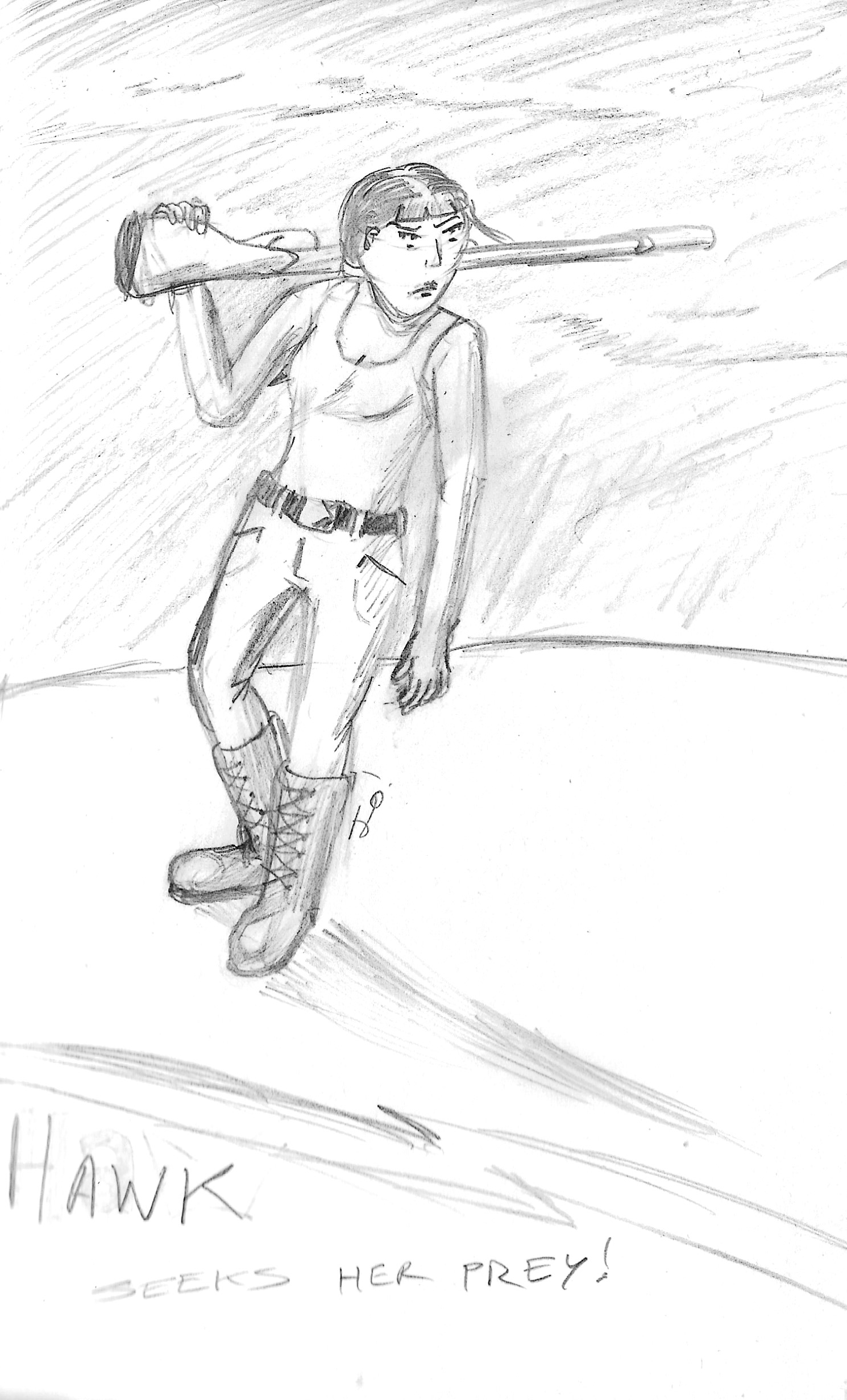 Sketch of Hawk (She/Her), a white woman with black hair, tied back in a ponytail. She stands in a field with a sniper rifle slung over her shoulder.