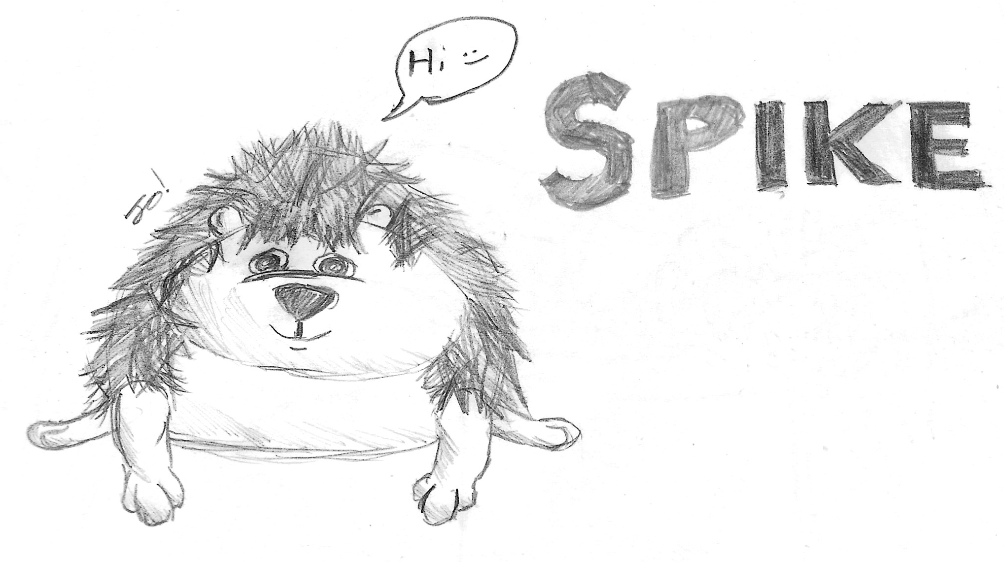 Sketch of Spike (He/Him), my plush hedgehog, as he faces the viewer and says "Hi :)". To his side is his name in large bold letters.