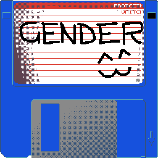 Image of a blue 3.5-inch floppy disk, the label of which reads "GENDER".