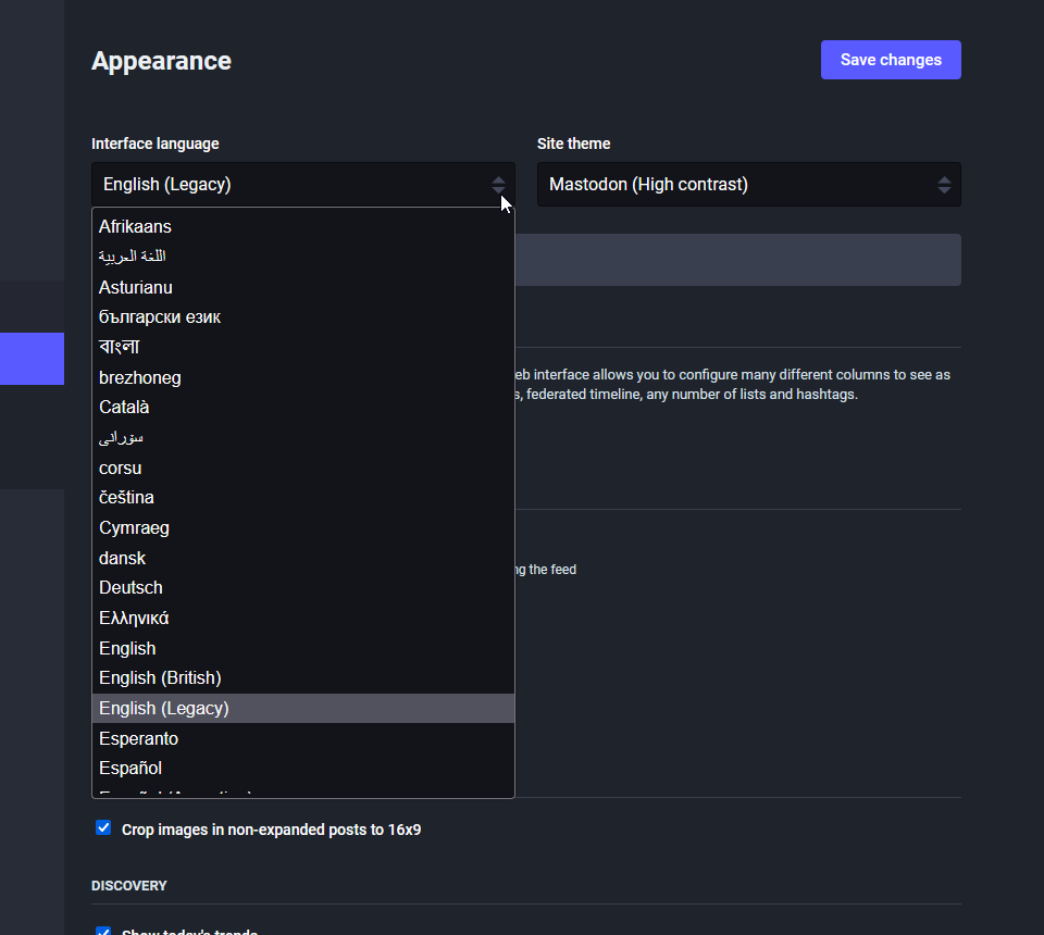 Screenshot of the Mastodon user Appearance screen, showing the Interface
language drop-down, which reveals my custom locale, &ldquo;English (Legacy)&rdquo;